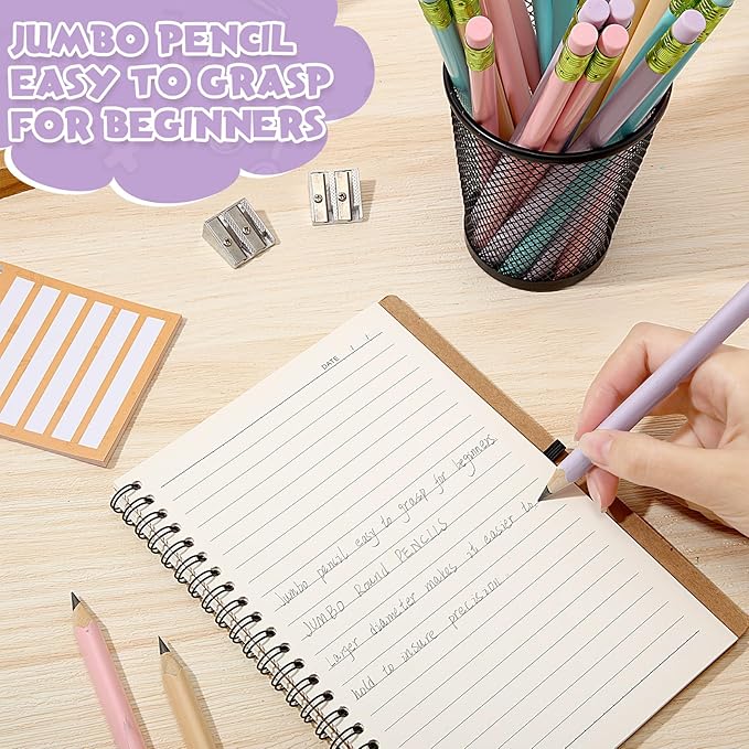 Fainne 102 Pcs Bulk Thick Jumbo Graphite Pencils Set 96 Fat Giant Large Pencils and 6 Sharpeners Enhanced Grip for Art Drafting Writing Drawing Office and Home Use(Macaron Colors,Triangle)