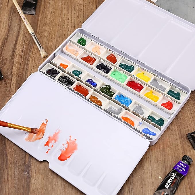 MYARTOOL Empty Watercolor Palette, Metal Watercolor Tin with Fold Out Palette, Watercolor Paint Tray Palette with 24 Watercolor Full Pans for Plein Air Painting and Sketching