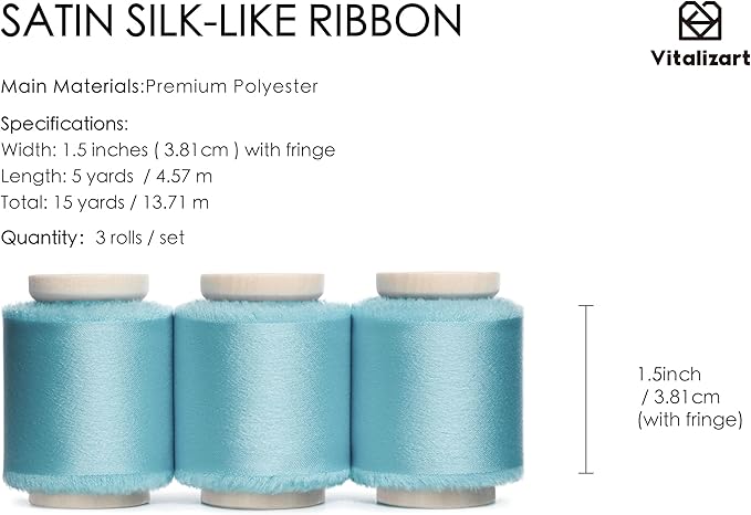 Vitalizart Silk Satin Ribbon 1-1/2 inch Baby Blue Handmade Frayed Ribbons for Gift Wrapping Baby Shower Wedding Bridal Bouquets Holiday Decor 15 Yard