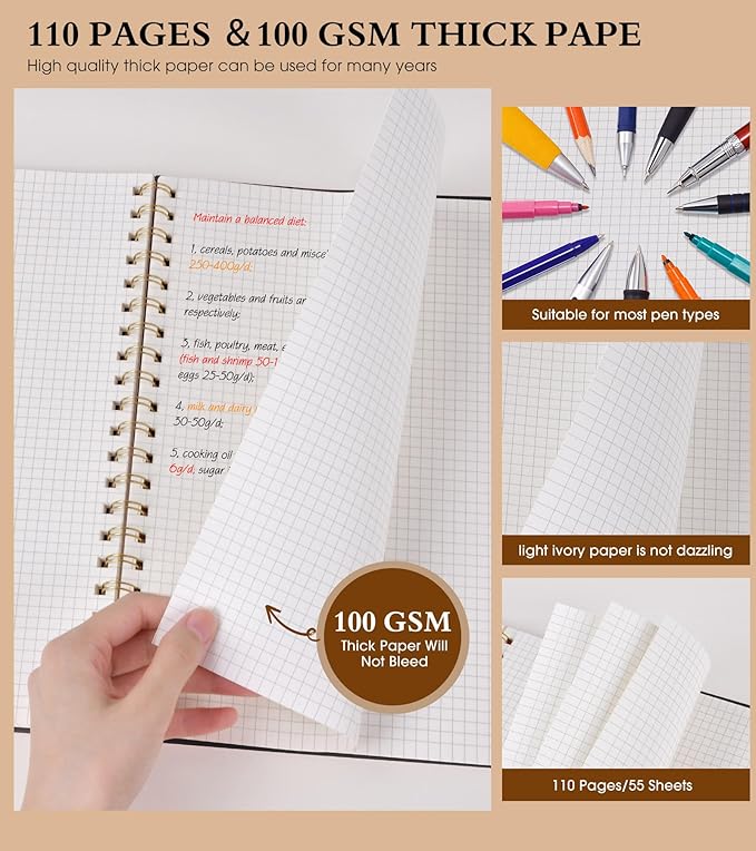 Graph Paper Notebook, Spiral Notebook Journal 8.5” x 11”, A4 Large Grid Notebooks for Women Men, 100 GSM Graph Paper, Plastic Hardcover Spiral Graphing Journals for Work School Engineerin, Black
