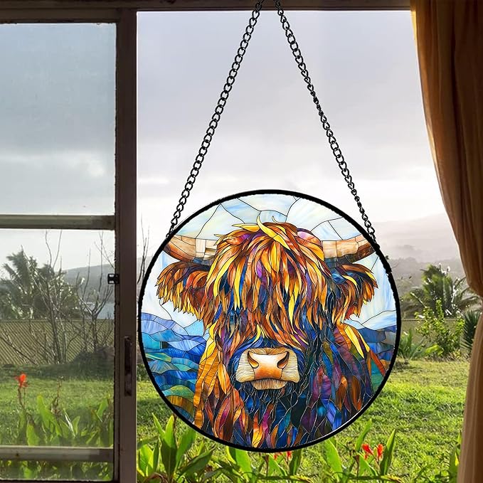 Stained Glass Window Hanging - Highland Cattle Suncatcher for Door Terrace Garden Home Decor Western Style Brown Cow Sun Catcher Birthday Gifts for Lovers Women Men Dad Mom Nana 15 in