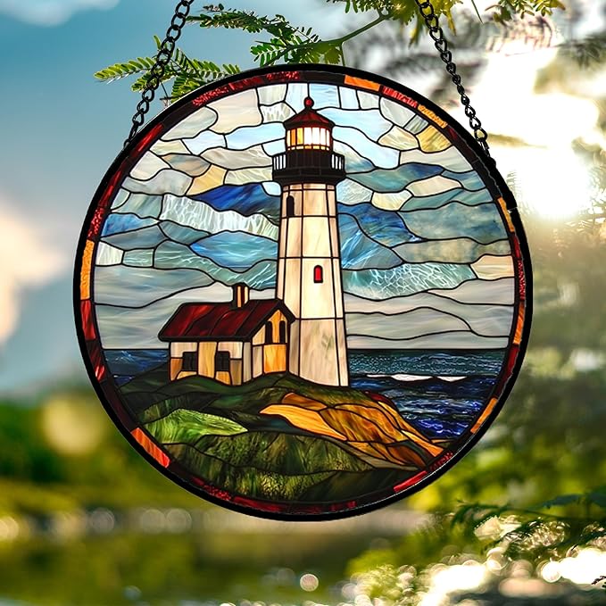 Stained Glass Window Hanging, Ocean Lighthouse Sun Catchers Glass Panel Blue Green Suncatcher Decor for Birthday for Women, Men, Wife, Aunt, and Mom 14.9x14.9 in