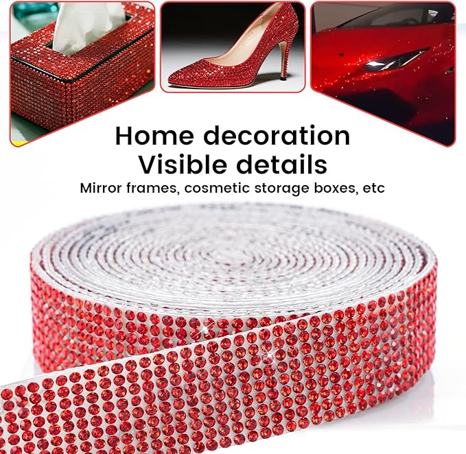 Novani Self Adhesive Rhinestone Ribbon, 0.78 Inch Wide 3 Yards 1 Roll, Red Crystal Diamond Bling Strips for DIY Crafts, Home Decor, Glitter Glass Rhinestones Tape for Crafting, Car Decoration