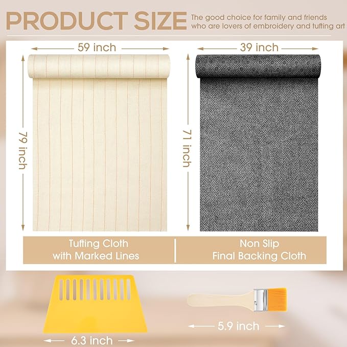 Tudomro 6 Pcs 79'' X 59" Large Tufting Cloth for Rugs and 71'' X 39" Non Slip Final Backing Tuft Fabric Monks Cloth for Tufting Needle DIY Rug Making, Contains Cleaning Brush and Glue Scraper