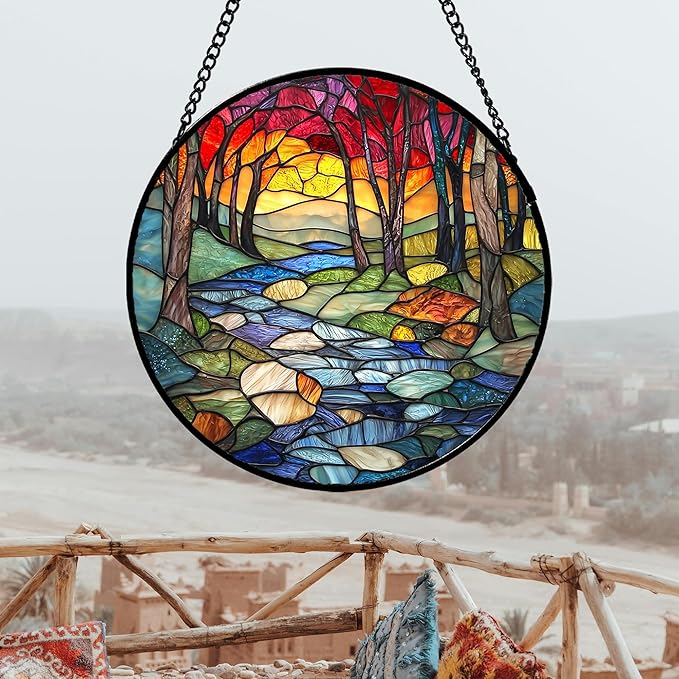 Stained Glass Window Hanging, Red Tree Abstract Sunset Lake Sun Catcher for Window Home Decor Landscape Suncatcher Mother's Day Birthday Gifts for Women Men Mom and Nana 11.8 in