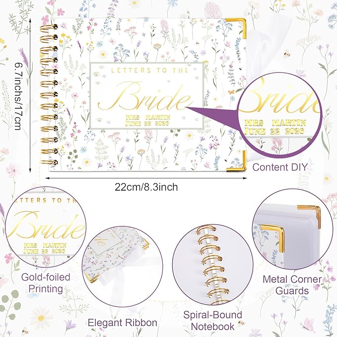 Humyoun 8.5 x 7 Inch Wedding Guest Book Letters to The Bride Scrapbook Wedding Memory Book Bridal DIY Blank Paper Scrapbook Photo Album Guest Sign with Pearl Stickers (133 Pcs,Wildflower)