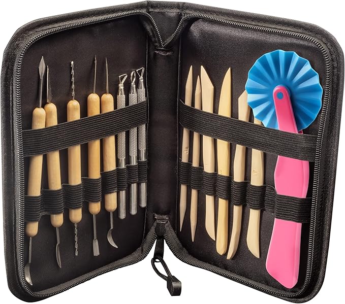 Pottery Tool Starter Kit- 15-Piece 26-Tool Beginner's Clay Ceramics Modeling Carving Sculpting Set- Arts & Crafts School Project, w Carrying Case, Birthday Gift for Kids, Holiday Gift Set for Artists