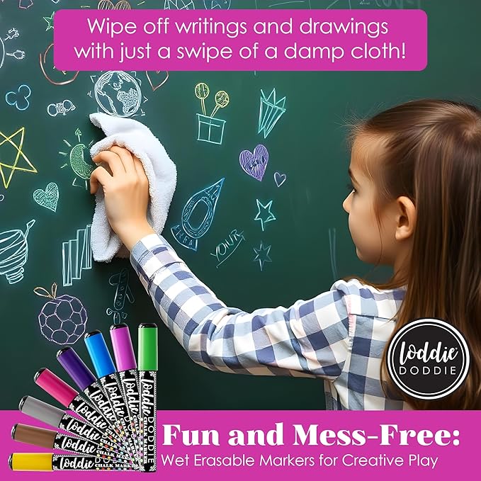 Loddie Doddie Metallic Liquid Chalk Markers - Pack of 8 6mm Reversible Tips - Bold Metallic Ink & Chalk Markers for Blackboard - Easy Erase on Glass & Windows, Glass Board & Window Pens