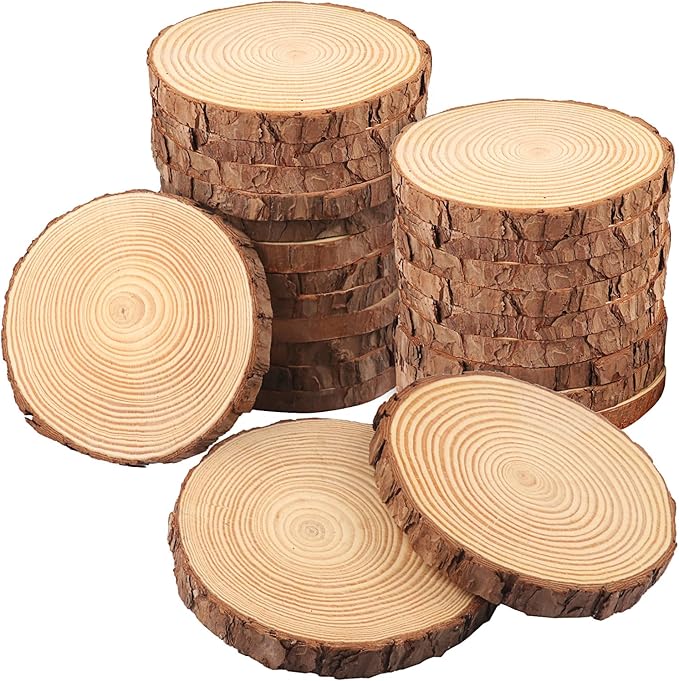 24 PCS 5.5-6.3 Inch Natural Wood Slices, Unfinished Pine Wood Circles with Barks for Coasters, DIY Crafts, Christmas Rustic Wedding Ornaments and Centerpieces,by GNIEMCKIN