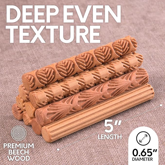 Byllstore Clay Texture Rollers | 10-Pack | 5 in x 0.65 in | Premium Wooden Pottery Tools