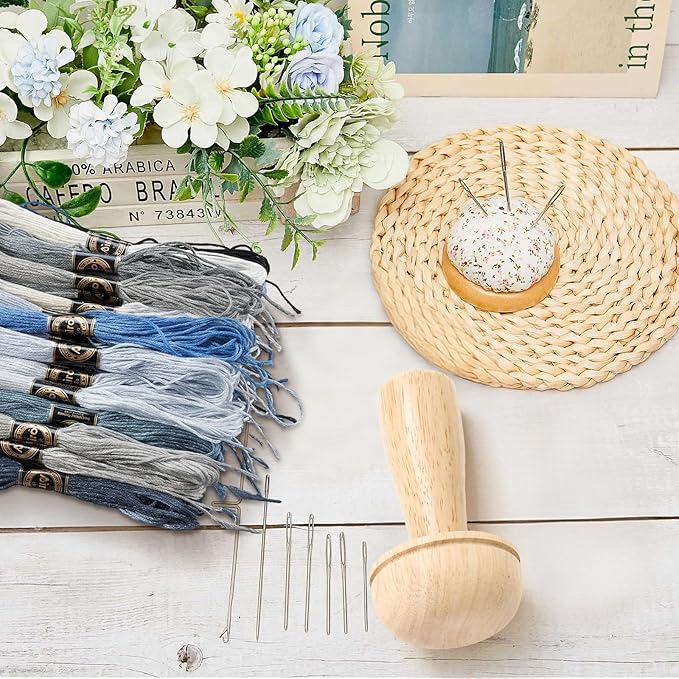 Jexine Darning Mushroom for Socks Wooden Darning Supplies Kit with Large Eye Needles Sewing Threads for Socks Clothes Adults Darner DIY Handicraft Home Sewing Care (Grey Blue)