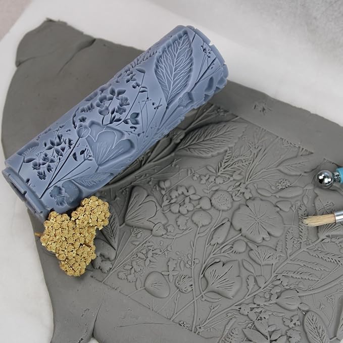 Midnight Wildflower Tangle Clay Texture Roller (4") - Seamless Meadow Set #01 - Embossing Pattern Roller for Polymer & Ceramic Clay, Pottery & Crafts