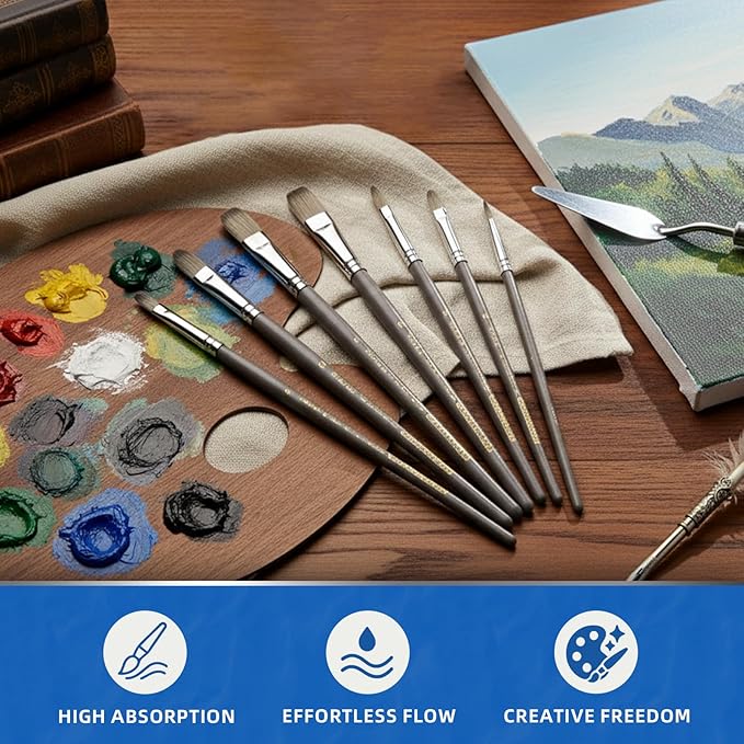 Falling in Art 6 Pcs Watercolor Paint Brushes, Artist Painting Brush Set with Round, Flat, and Filbert, Watercolor Brushes for Acrylic, Gouache, and Oil Painting