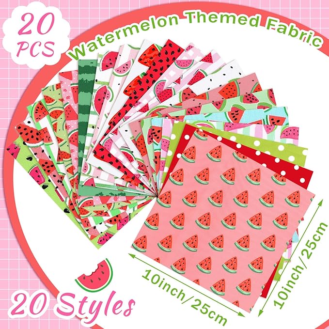 HunnmingRe 20 Pcs 10''x10'' Watermelon Quilting Fabric Square Summer Watermelon Quiltted Fabric Bundle Multicolor Precuts Printed Patchwork Supplies for Holiday DIY Sewing Craft