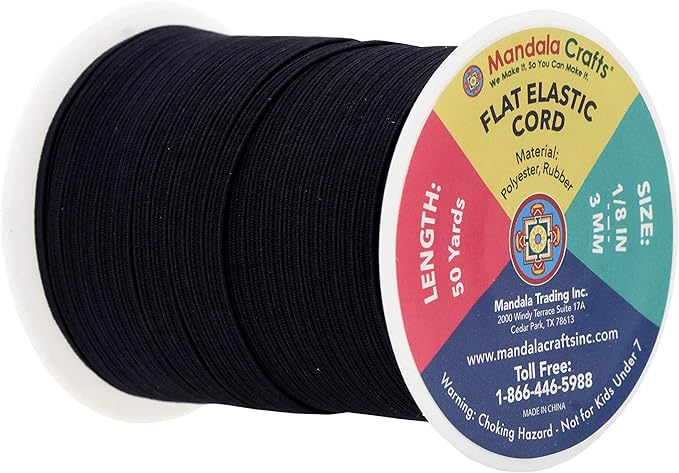 Mandala Crafts 3mm 50 Yds Roll of Black Elastic Bands for Sewing - 1/8 Flat Elastics Cord - 1 8 Inch Braided Stretch Straps for Crafting