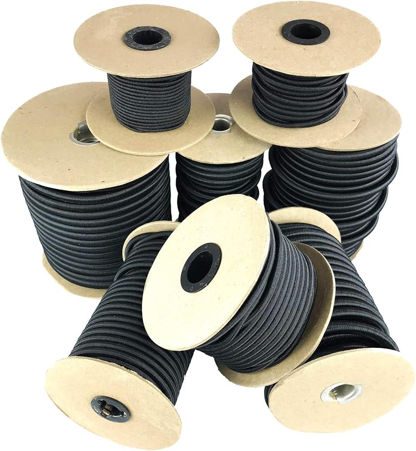 Elastic Bungee Cord. 3/16", 3/8", 1/4", 5/16", 1/8". 50 and 100 Foot Spools. Weather and Abrasion Resistant. Used for Tie Downs, Crafting, DIY Projects. Black Shock Cord. Made in The USA