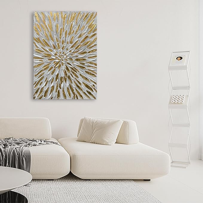 Art Hand-Painted Gold Texture Oil Painting White Flowers Modern Abstract Art Painting 45x30 inch Home Wall Decorative Art