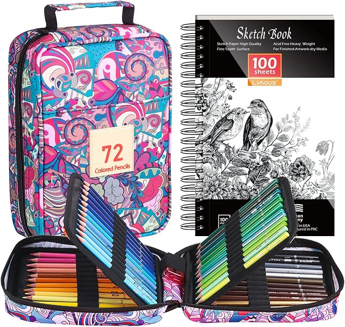 Limous Colored Pencils, 72 Colored Pencil Set with A5 Sketch Book and Zipper Travel Case, Multi Colored Pencils with 7 Metallic Colors, Ideal for Drawing, Sketching, Blending and Color Layering