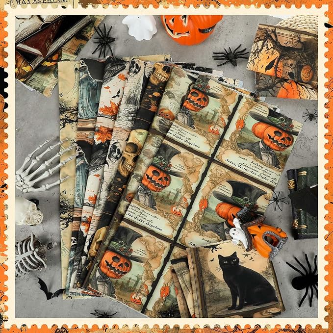 Hahafelt 10 Pcs 20 x 20 Inch Gothic Quilting Fabric Bundles Gothic Skull Owl Ghost Themed Square Fabric by The Yard Scary Horror Patchwork Precuts Supplies for DIY Sewing Crafting Supplies