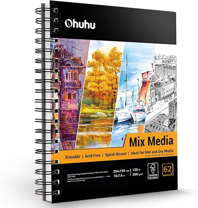 Ohuhu Mix Media Pad, 10"x7.6" Mixed Media Art Sketchbook, 120 lb/200 gsm Heavyweight Papers, 62 Sheets/124 Pages, Spiral Bound Mixed Media Paper Pad for Acrylic, Painting Christmas Gift