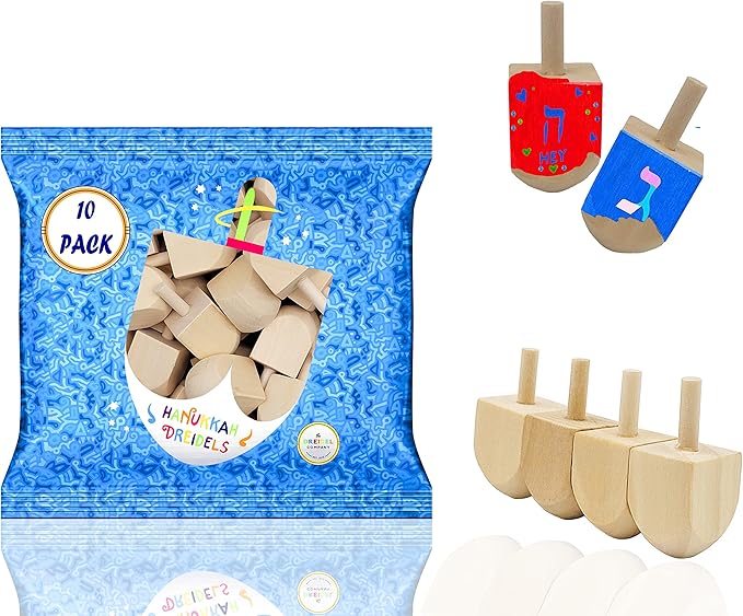 The Dreidel Company 10-Pack Hanukkah Wood Dreidels, Design Your Own Dreidel, DIY 1.5" Inch Unfinished Natural Wooden Chanukkah Dreidels (10-Pack)