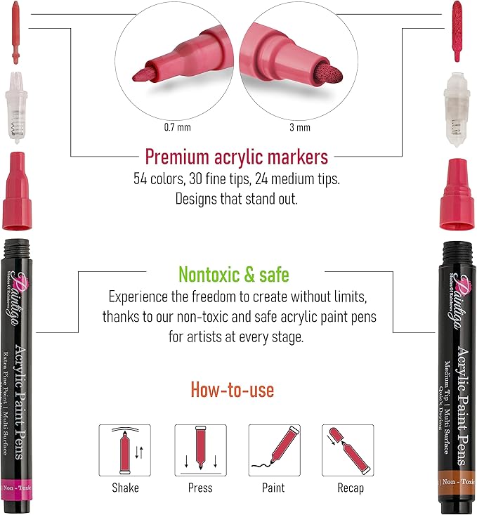 PAINTIGO 54 Colors Acrylic Paint Markers – 0.7mm Fine & 3mm Medium Tips for DIY Crafts, Rock Painting, Wood, Canvas, Glass, Fabric, Ceramic, Plastic & More