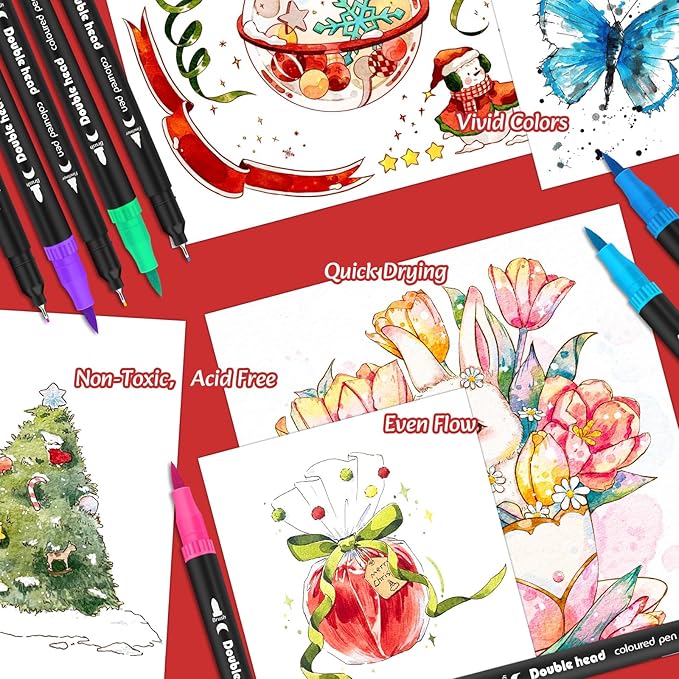 Markers for Adult Coloring Books No Bleeding, 72 Colors Dual Tip Coloring Markers for Adults, Brush&Fine Tip Art Supplies for Calligraphy, Journaling, Sketching, Christmas Gifts for Teens with Case