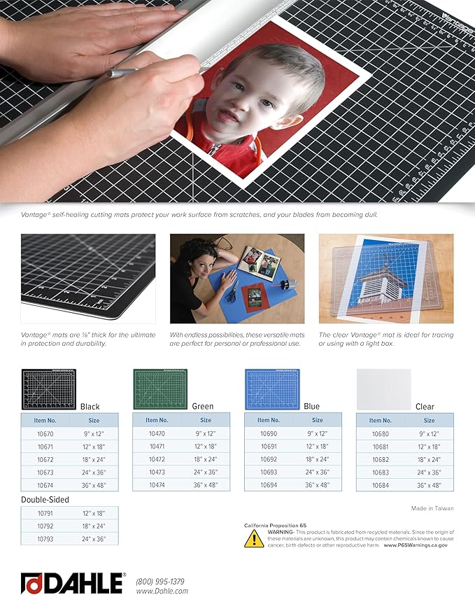 Dahle Vantage 10791 Double-Sided Premium Self-Healing Cutting Mat, 12"x18", 1/2" Grid, 5 Layers for Max Healing, Perfect for Crafts & Sewing, Black