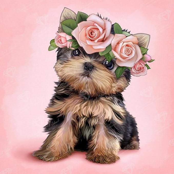 DIAMOND ART CLUB Yorkie & Roses Diamond Painting Kit, Fun DIY Crafts for Adults, Square Diamond Art Canvas, 13" x 13"