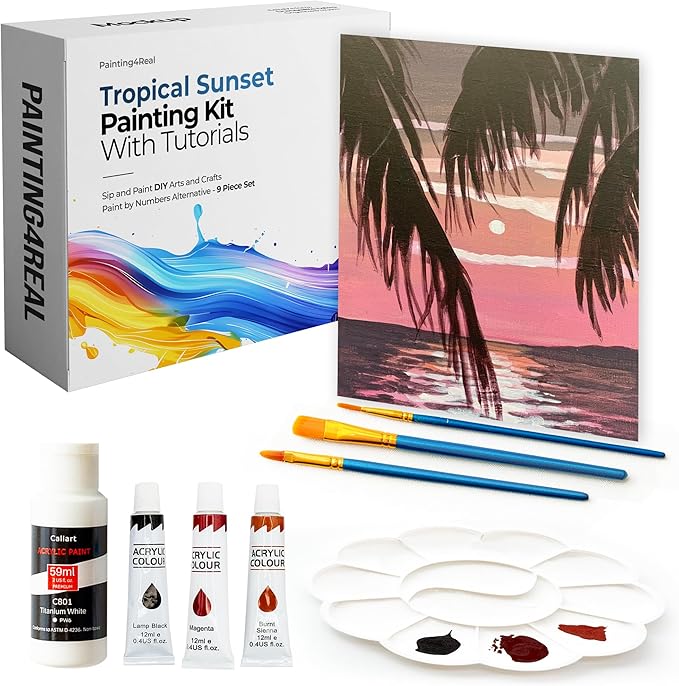 Painting4Real DIY Art Painting Kit for Adults – Learn to Paint Tropical Sunset with Video Tutorials – 9 Pieces Acrylic Paint Set for Adults –Perfect Christmas Crafts & Holiday Gifts for Art Lovers