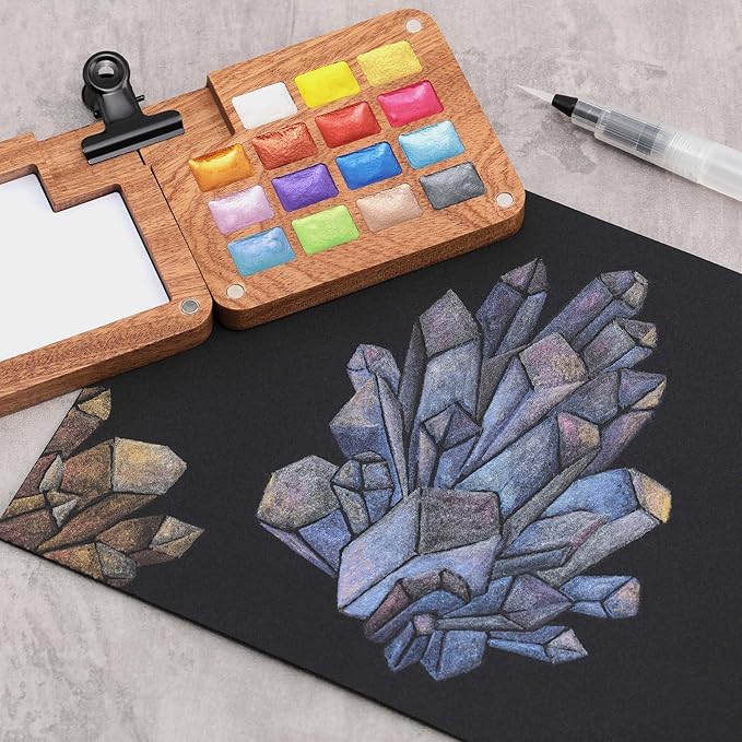Soho Urban Artist Mini Wooden Travel Watercolor Palette of 15 Metallic Colors - Professional Watercolor Paint Set for Plein Air Artists, Semi-Moist Pans, Pocket