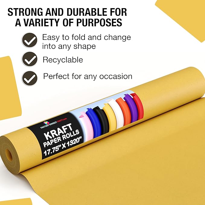 Crown Display Yellow Kraft Paper Roll - 17.75" X 1320" (110' Ft) - Colored Paper for Shipping & Crafts