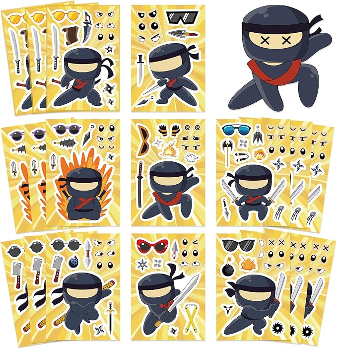 24 Sheets Ninja Face Stickers Set – Mix and Match Cartoon Ninja Expressions and Accessories – DIY Make a Face Sticker Pack for Scrapbooking, Party Favors, Journaling, Craft Supplies