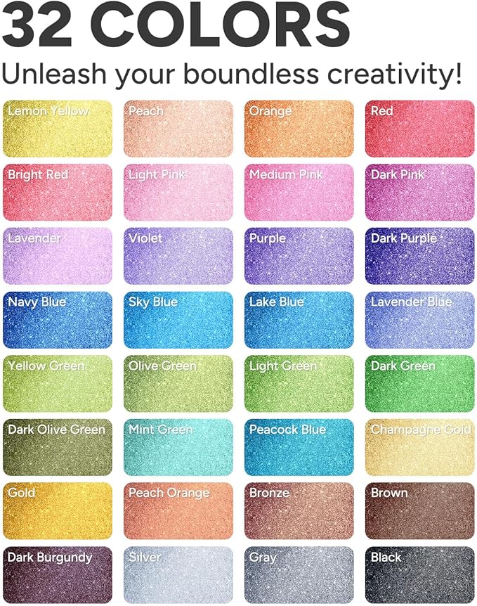 JusArt 32 Colors Glitter Markers, Glitter Paint Pens Sparkly and Shiny for DIY Card Making, Coloring, Scrapbooking, Glass, Wood, Stone, Fabric, Rock - 0.7mm Extra Fine Acrylic Paint Markers