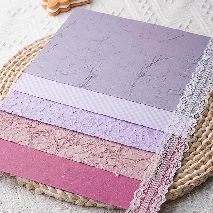 15Pcs Handmade Scrapbook Art Paper Craft Textured Paper Colorful A5 sheet Mesh Special Paper Mix for Scrapbooking Junk Journal Journaling Supplies DIY Materials,5.8x8.2 inches (Purple)