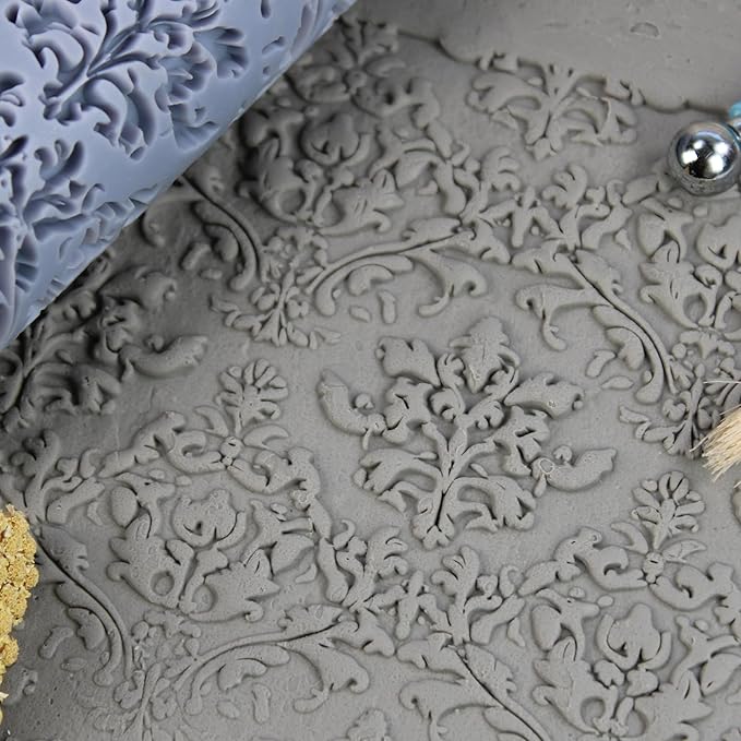 Victorian Damask Clay Texture Roller (4") - Seamless Set #01 - Embossing Pattern Roller for Polymer & Ceramic Clay, Pottery & Crafts