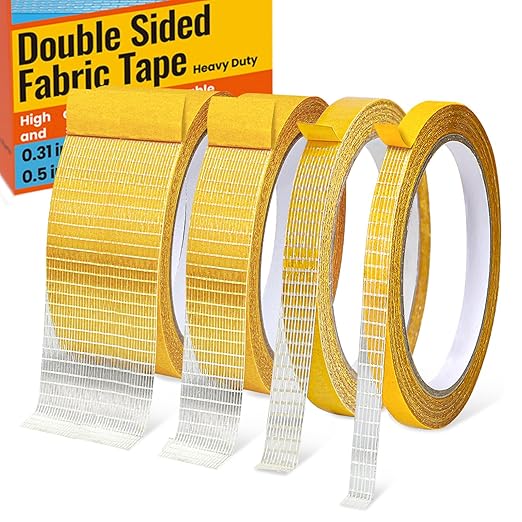 Double Sided Fabric Tape Heavy Duty for Hem, Curtains, Fashion Dress, Cloth, Rug Tape High Adhesive Sticky, 4 Size, 0.31in, 0.5in, 1in, 2 in x 33FT/10m, 4Rolls