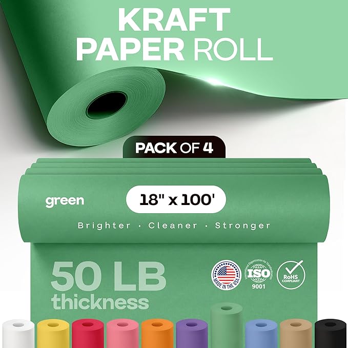 18" x 1200" (100 ft) Green Kraft Paper Roll, Pack of 4 - USA-Made Quality Craft Paper for Gift Wrapping, Kids' Arts & Crafts, School Projects - 100% Recycled, 50 lb Natural Material by IDL Packaging