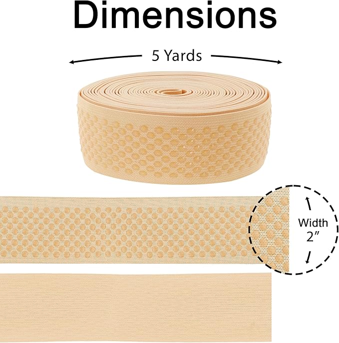 Mandala Crafts 2 Inch Elastic Silicone Gripper Tape for Clothing - 5 Yds Dotted Non Slip Elastic Band for Sewing - Blonde Silicone Flat Fabric Stretchy Ribbon Straps