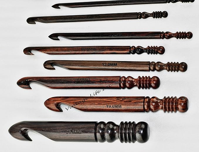 DnU Avenue Rosewood Set of 15 Ergonomic Crochet Hooks 3.5 MM to 25 MM, Wooden Yarn Crochet Hooks for Arthritic Hands, Knitting & Crochet Hook Organizer, Soft Grip, Wood Finish, Brown (Only Hooks).