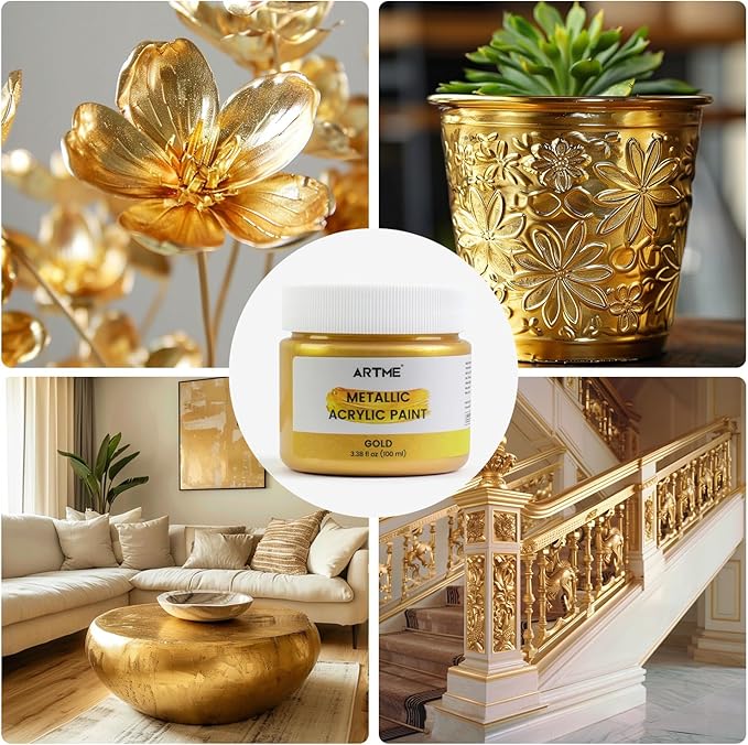 ARTME Acrylic Paint Metallic Gold, 100ml Gold Leaf Paint for Art Painting, Hand-crafts, Non-Toxic, Non-Fading Gold Paints Ideal for Canvas, Wood, Fabric, Ceramic, Stone Craft Supplies