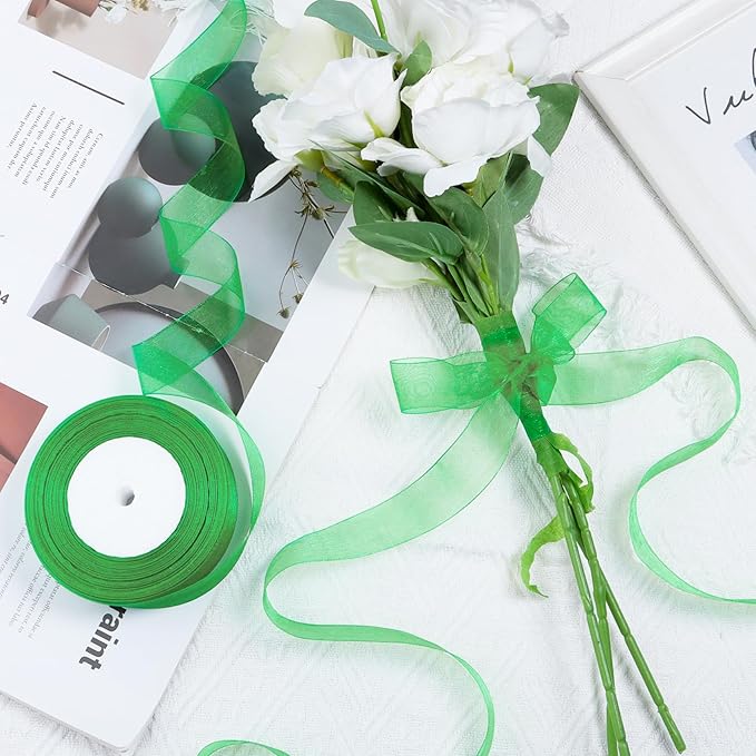 Green Ribbon for Gift Wrapping 3/8 inch Sheer Organza Ribbon for Flower Bouquet Tulle Chiffon Ribbons for Wedding Invitations Christmas Halloween Decorations Crafts 50 Yards