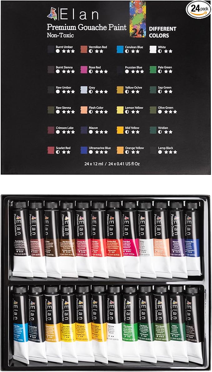 Elan Professional Gouache Paint Set, 24 Rich Colors Gouache Paint Tubes 0.4fl oz, Non-Toxic Mini Tubes for Canvas & Crafts, Art Paints for Adults