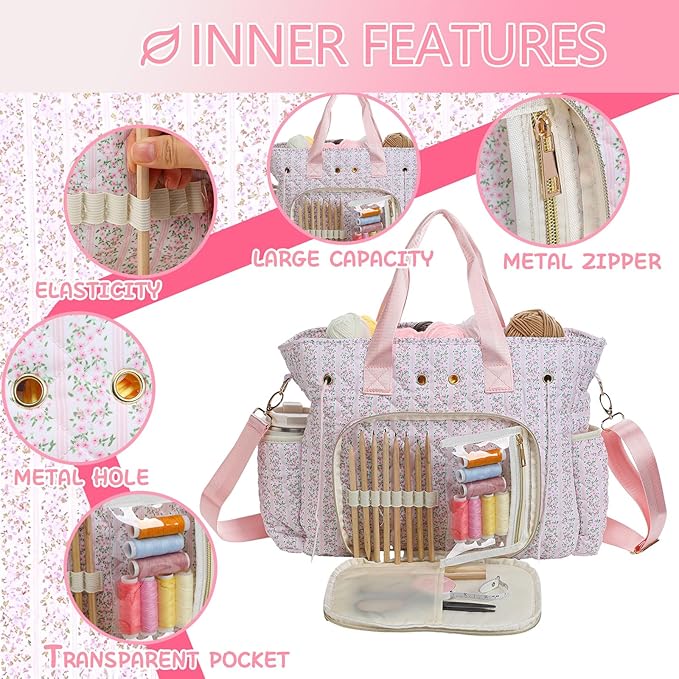 SilTriangle Large Pink Floral Quilted Crochet Knitting Bags and Totes Organizer Cotton Yarn Hook Bag Holder Christmas Corduroy Gift for Crochet Lover Crocheting Accessories, Needle with Zipper, Size L