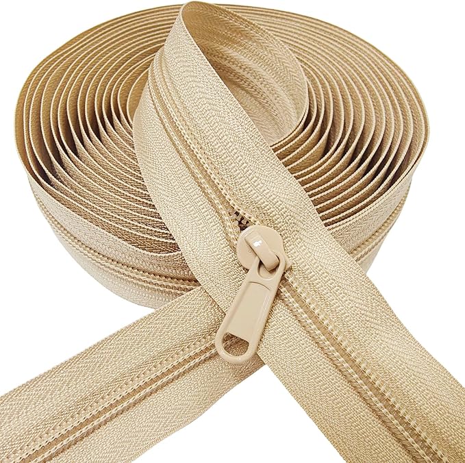 MebuZip #5 Nylon Coil Zippers by The Yard Bulk Zipper Roll Zipper Tape 10 Yards with 25pcs Pulls for Sewing Tailor DIY Craft Bags Pillows (Beige 10Yards)