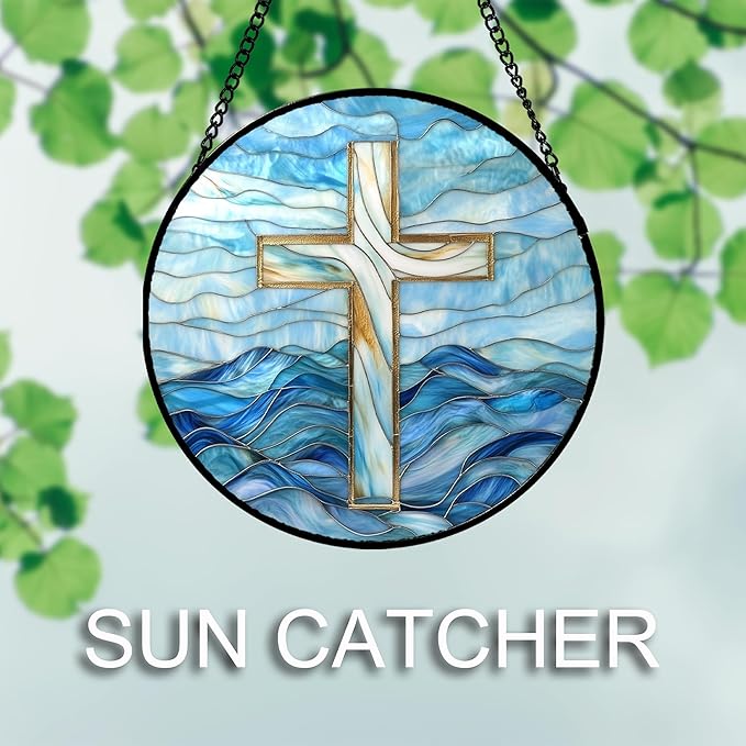 Christian Gifts for Women - Blue Cross Stained Glass Window Hanging Jesus Easter Ocean Waves Sun Catcher Garden Religion Decor Mother's Day Catholic Gift for Men Grandma Mom Her Nana 6.3"