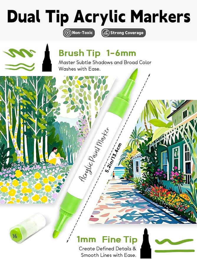 YHC 120 Colors Acrylic Paint Pens with Free App, Dual Tip Acrylic Paint Markers with Brush Tip and Fine Tip for Adults, Eggs, Wood, Rock, Canvas, Plastic, Stone, Glass, Ceramic