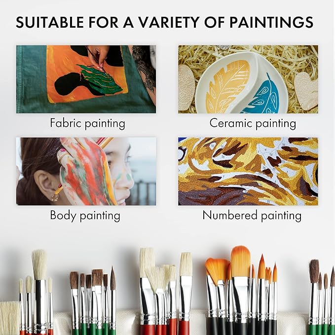 ARTIFY 41 Pieces Long Handle Paint Brushes, Expert Series, Hog Bristle, Horse Hair and Nylon Hairs Art Set Includes a Carrying Canvas Roll, for Acrylic, Oil, Watercolor and Gouache