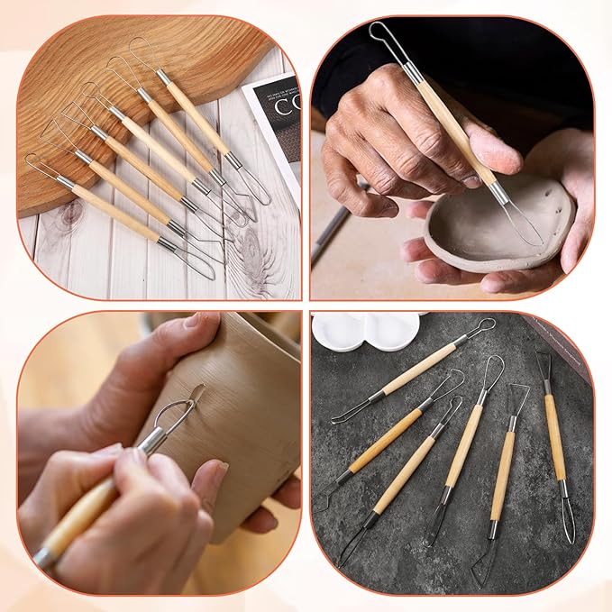 6 Pcs Clay Sculpting Tools Double-Sided Pottery Trimming Tool Wooden Handle Clay Carving Tools Pottery Trimming Tool Wire Loop Sculpture Set for Ceramic Carving