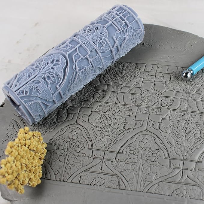 Floral Stonework Clay Texture Roller (4") - Seamless Set #02 - Embossing Pattern Roller for Polymer & Ceramic Clay, Pottery & Crafts